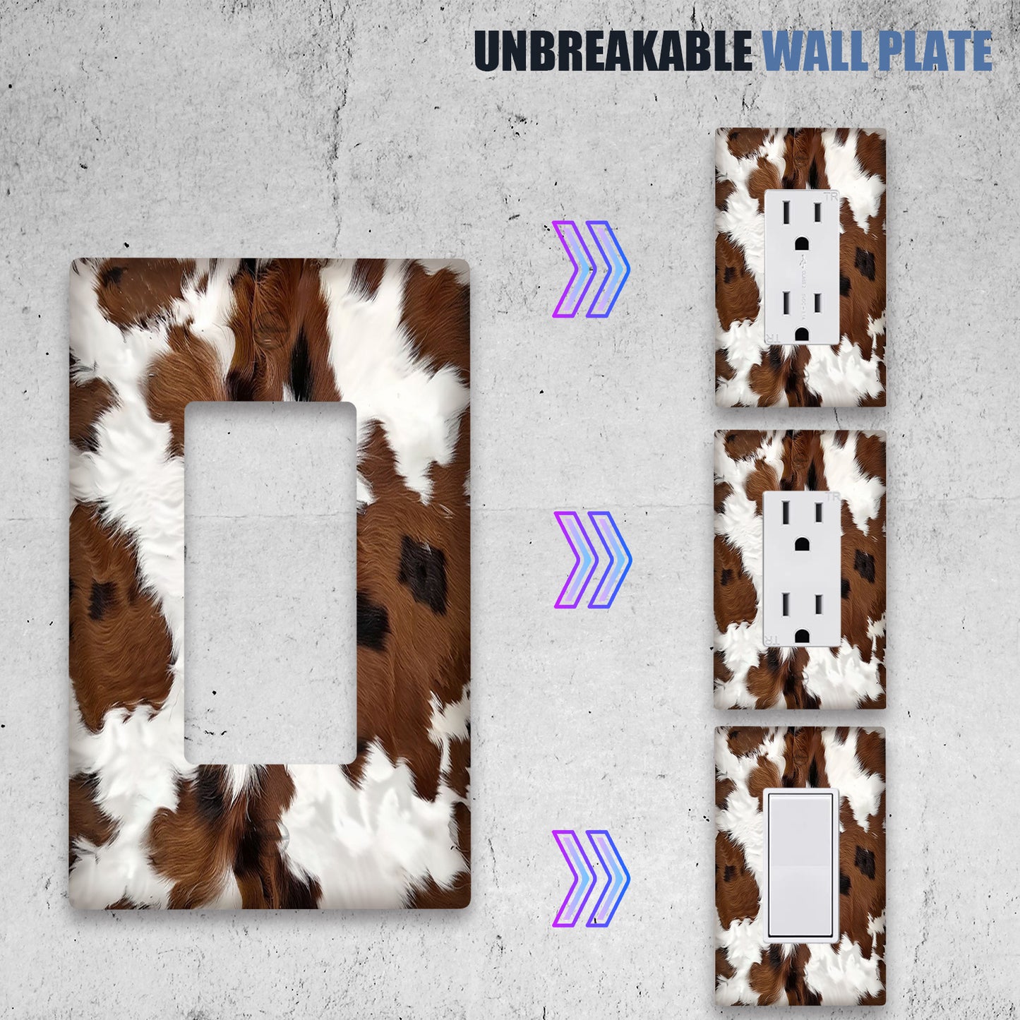 Cow print decorative wall plate made of unbreakable polycarbonate thermoplastic, perfect for bedrooms, kitchens, and home decor.