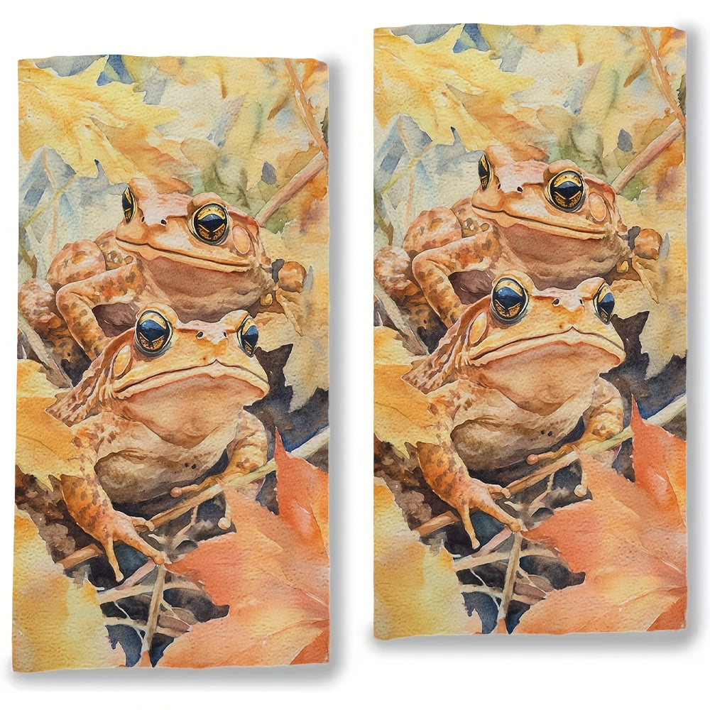 Set of 2 Ultra Soft Kitchen Towels featuring "Hopped Through the Garden" Toad & Autumn Leaves Design. These towels are highly absorbent, machine washable dish hand towels measuring 40.64x60.96 cm. Perfect for your holiday decor or as dish towels.