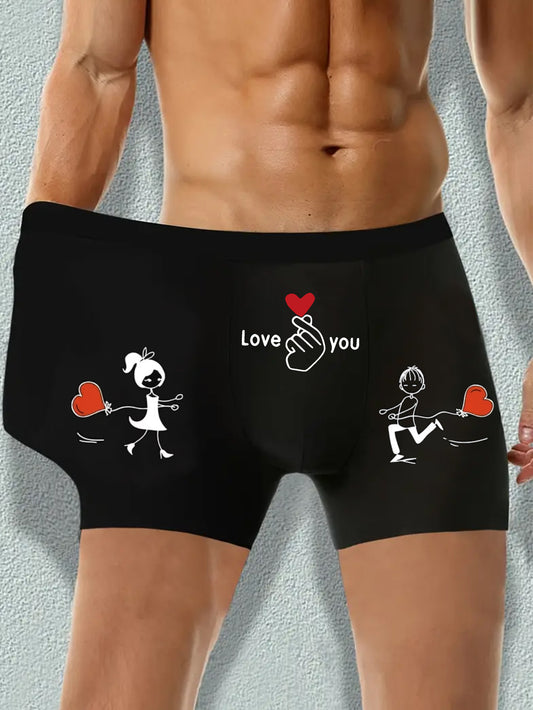 Men's boxer shorts with love pattern and letter print, made of thin, breathable fabric for comfort, featuring stretchy athletic shorts and durable casual underwear for everyday wear.