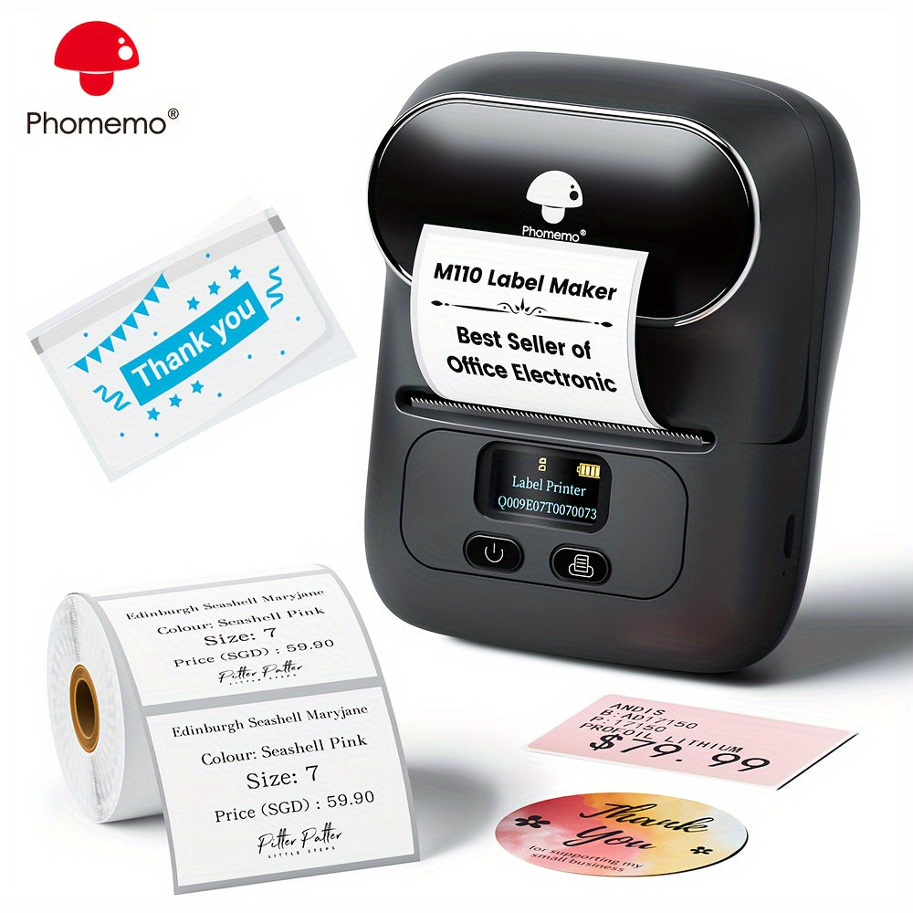 Phomemo M110 Wireless Label Printer with 40x30mm Sticker Roll, ideal for businesses and office use, with wireless connectivity for phones & PCs.