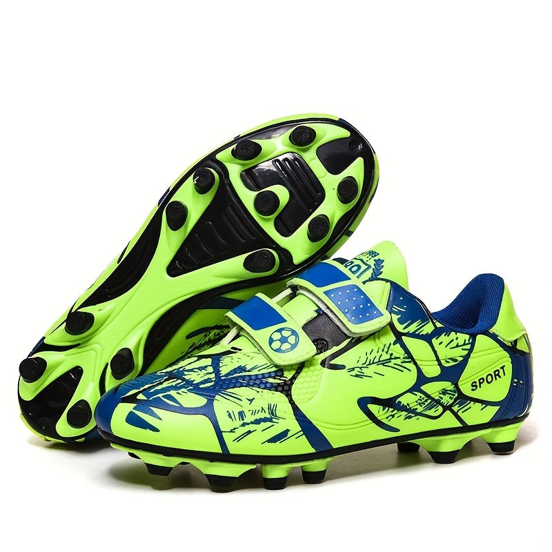 Boy's FG Football Boots with Hook & Loop Fastener, Outdoor Anti-skid Breathable Soccer Cleats