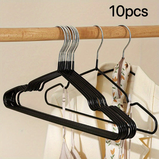 Set of 10 sturdy metal hangers featuring shoulder grooves and a non-slip coating. Perfect for organizing your wardrobe at home or in a commercial setting.