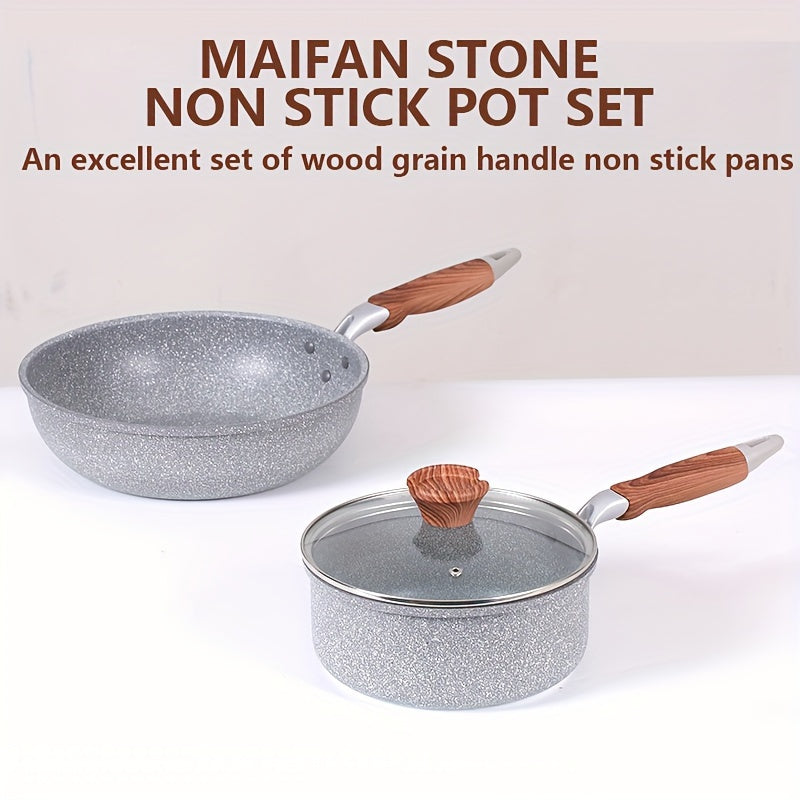 Maifan Stone Non-Stick Cookware Set includes 3 pieces with Wooden Grain Handles and Tempered Glass Lids. Made with Durable Aluminum Construction, these versatile Pots and Pans are suitable for use on various stovetops. Ideal for Boiling, Sautéing, and