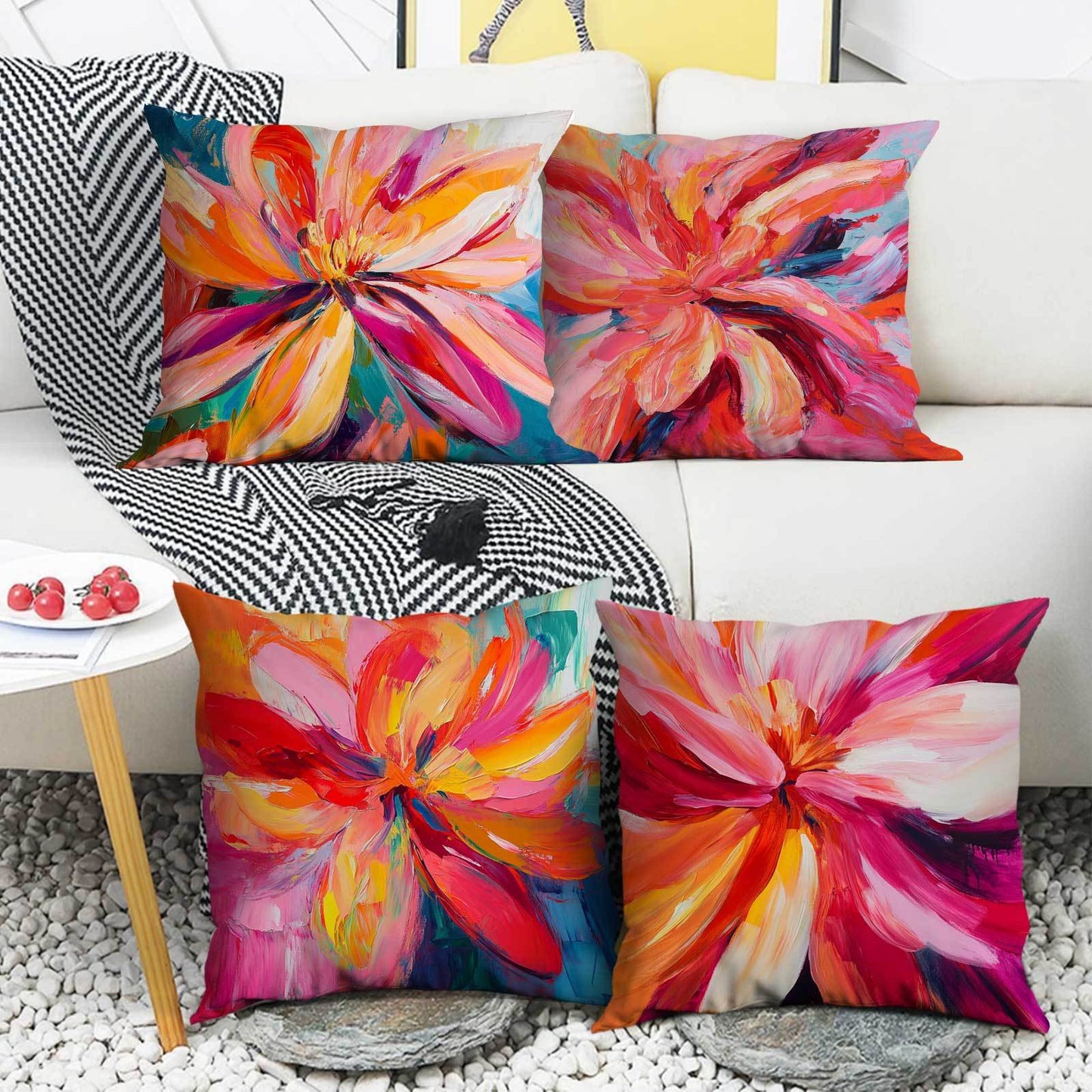 A collection of 4 modern floral throw pillow covers, featuring a fantasy theme. Made from machine washable polyester with a zipper closure. Inserts are not included, suitable for all-season comfort and perfect for Christmas décor, as well as use in the