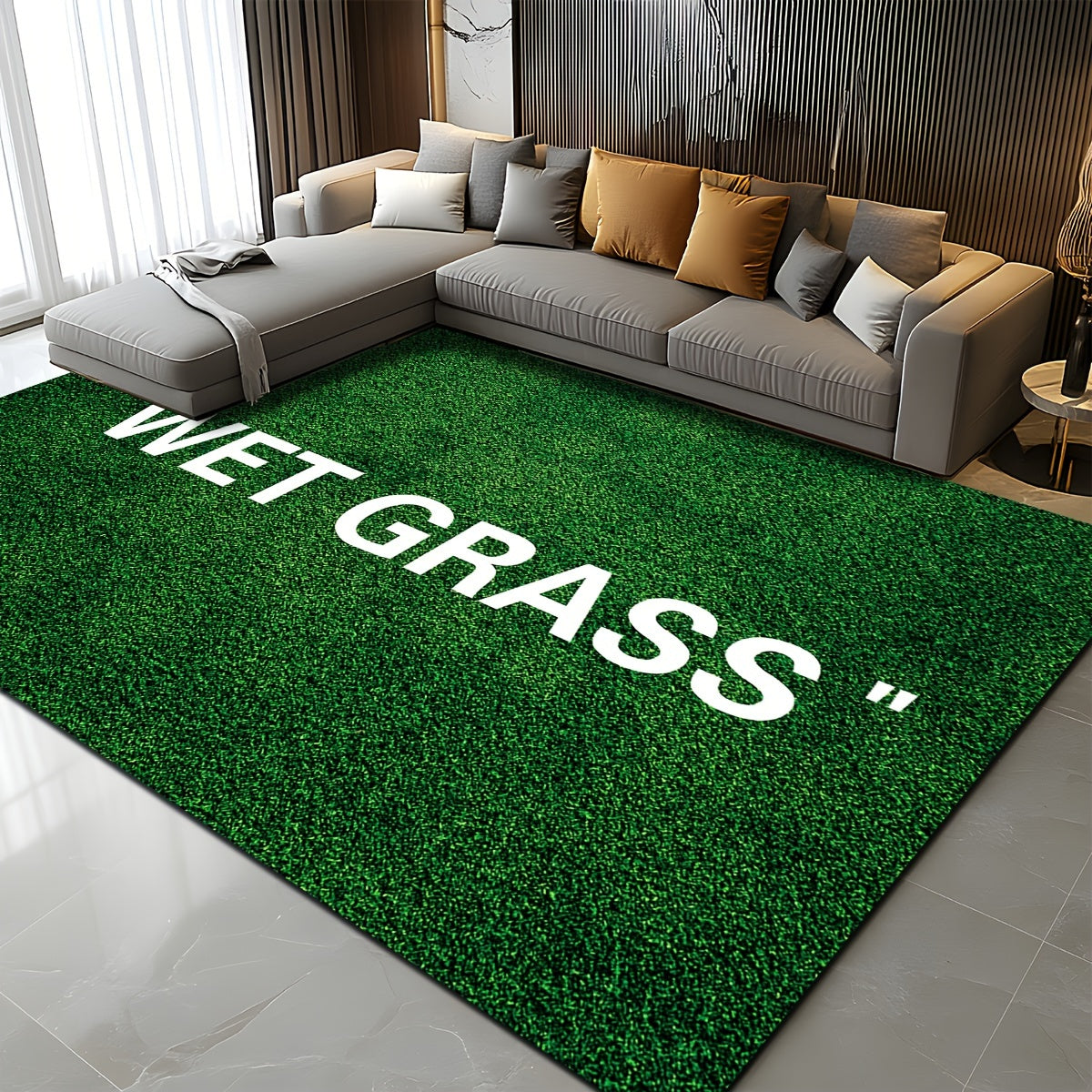 Soft, non-slip area rug featuring a chic green grass and English letter design. Machine washable for easy care, this rug is perfect for any room in your home including the living room, bedroom, kitchen, and more. Add a touch of style to your space with