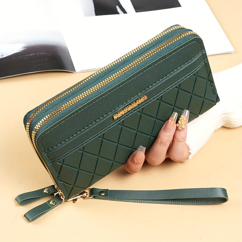 Fashion Double Zipper Long Wallet, Argyle Pattern Clutch Bag, Women's Wrist Coin Purse Mobile Phone Bag