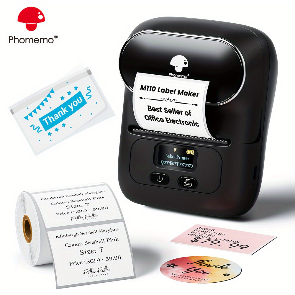 Phomemo M110 Wireless Label Printer with 40x30mm Sticker Roll, ideal for businesses and office use, with wireless connectivity for phones & PCs.