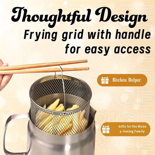 Large capacity, heavy-duty 304 stainless steel fry basket with multiple functions for kitchen and camping use. Can also be used as a food filter container.