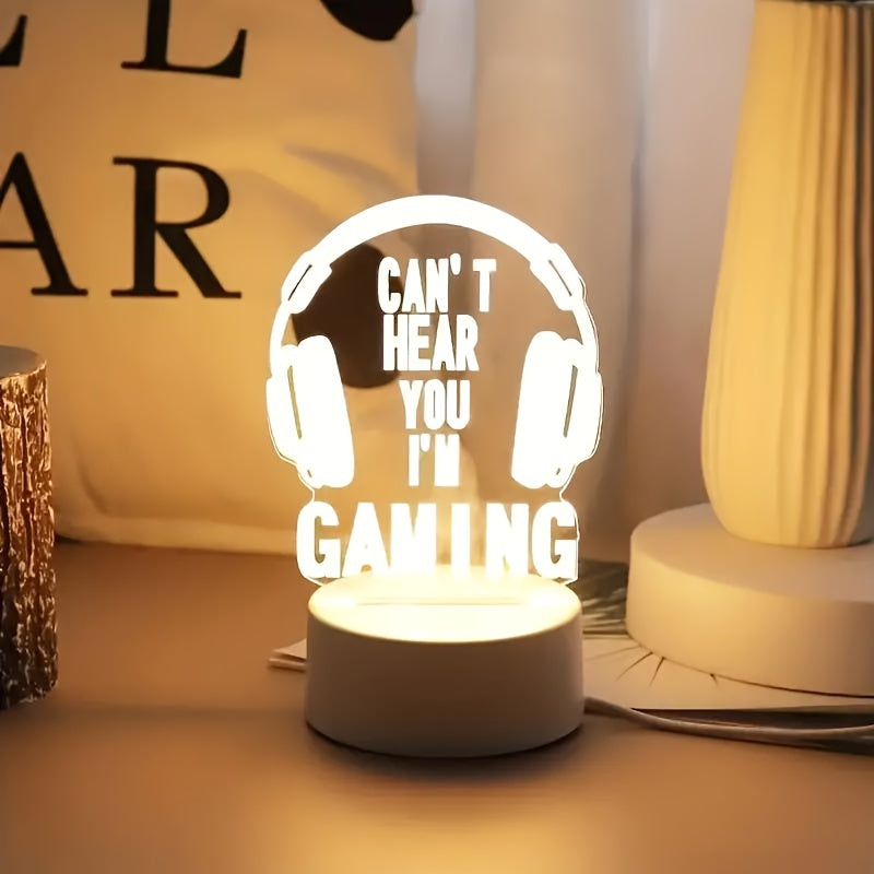 Modern USB-powered 3D gaming headset LED night light with striped design, ideal for desk and bedside decor - the perfect gift for gamers.