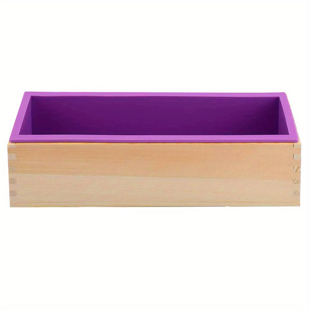 One piece of a 42oz rectangle silicone soap mold with a wooden box, perfect for handmade soap making and DIY soap cake making.