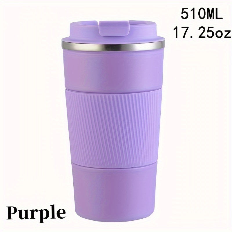 Stainless steel travel mug, available in 12.85oz or 17.25oz sizes. Features vacuum insulation for keeping drinks hot or cold, spill-proof leakproof lid, and double-walled design. Perfect for coffee, tea, or beer on-the-go. Reusable and durable.