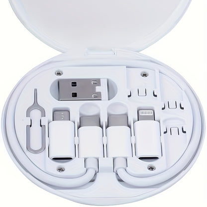 LYFNLOVE Multi-USB Charging Kit with converters, data transfer, card storage, phone holder integration, and sleek white oval design for tech enthusiasts.