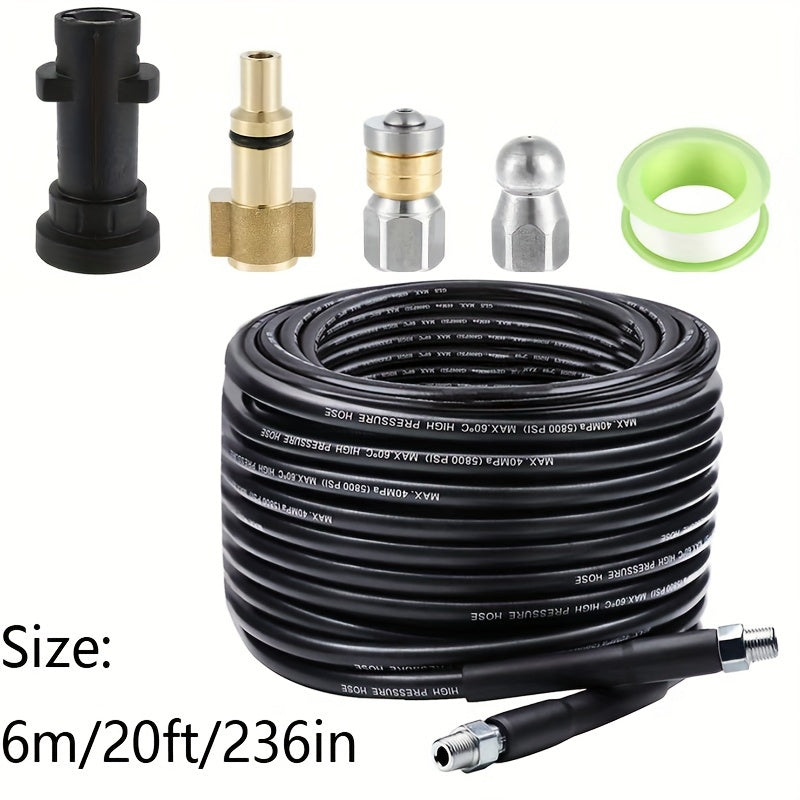 Powerful sewer jetter kit with 1/4" nozzle for clearing pipes and gutters. Available in 6m/20ft, 10m/33ft, 15m/50ft, 30m/100ft, and 45m/150ft sizes.