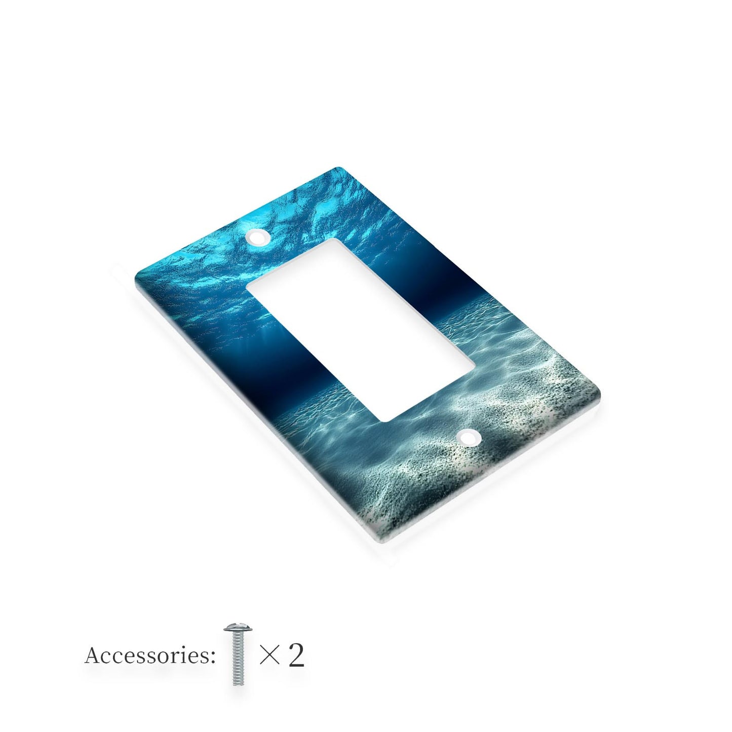 Ocean themed wall plate with blue sea print, made of unbreakable polycarbonate. Heat and fade resistant, a decorative cover for light switches and outlets that requires no electricity or battery.