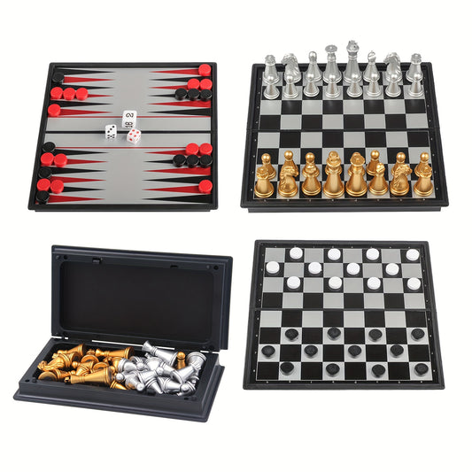 Mini Magnetic Chess Board Games and Classic Backgammon Set, Small Portable Folding Travel Set with 12.7cm Magnetic Chess.