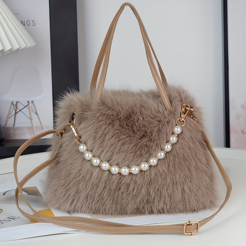 Stylish faux fur crossbody bag with pearl accents in pink, khaki, coffee, white, and black colors for women.