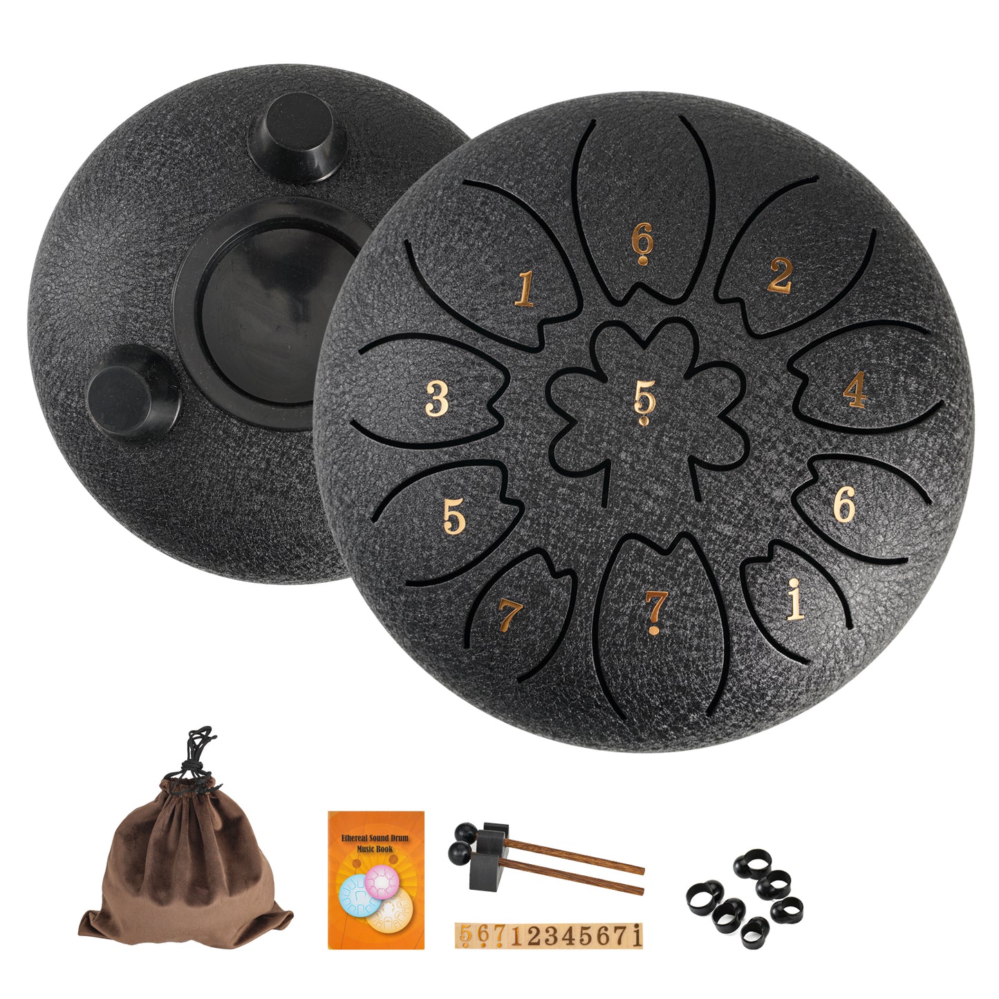 6 inch 11-note steel tongue drum in C major with bag, mallets, and music book. Suitable for music education, concerts, spiritual healing, yoga meditation, and entertainment.