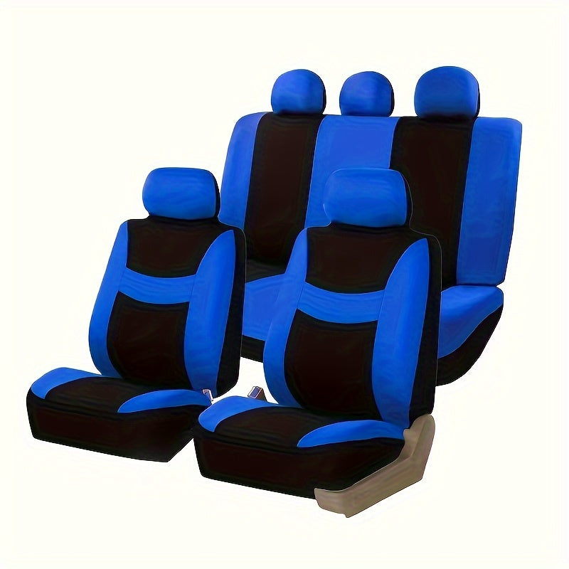 New full seat cover set for 5-seater car, includes 2 front seat covers, 1 rear seat back cover, 1 rear seat cover, and 5 car seat head covers.