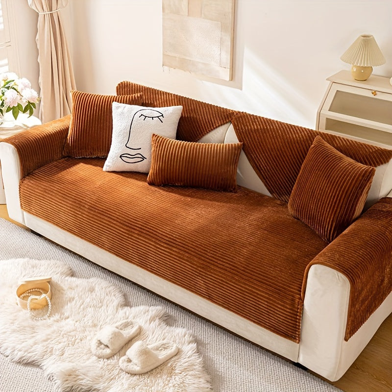 Thick plush sofa cover with stripes for winter, non-slip and anti-dirty. Modern style for home protection and decoration.