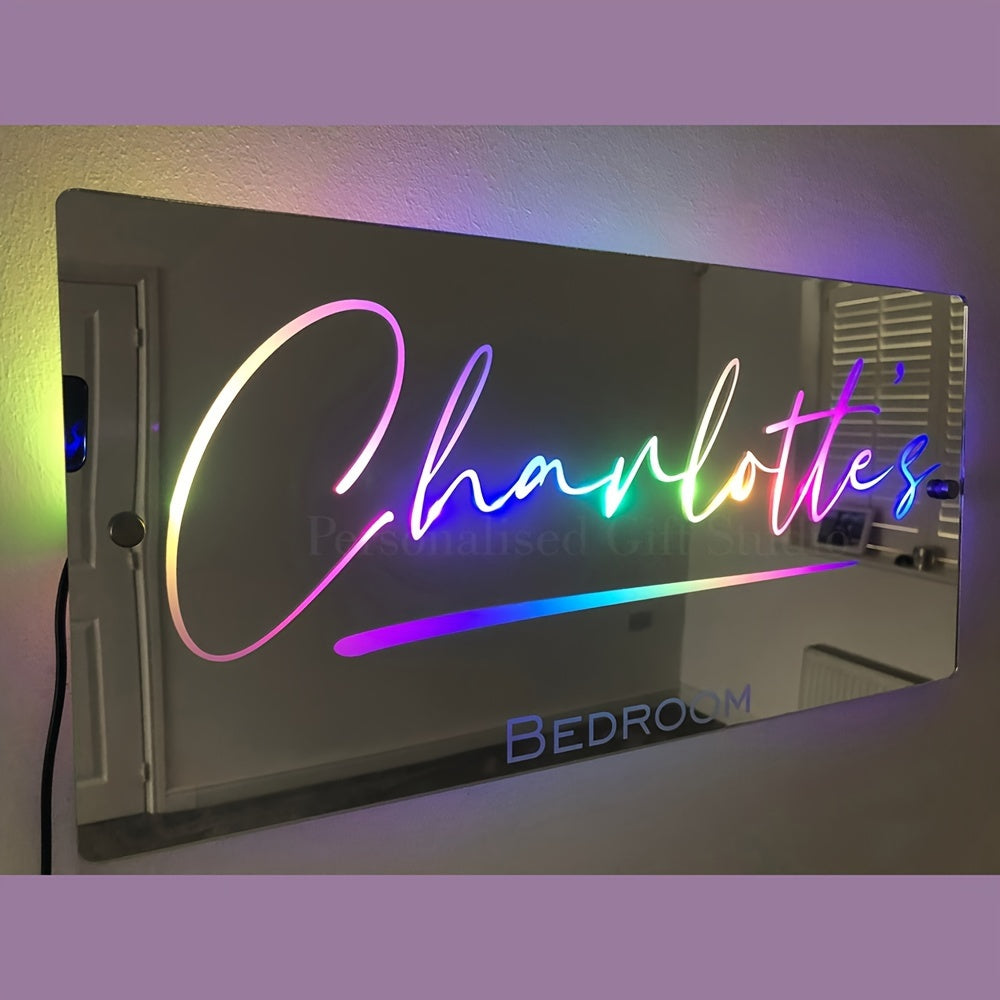 Custom name LED mirror light for bedroom, USB powered, wall-mounted with remote control - ideal for gifts and decorative purposes.