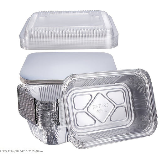 Rectangular Aluminum Foil Flat Bottomed Pan with Lid - Heavy-duty Disposable - Ideal for Cooking, Baking, Meal Preparation, and Takeout - Tin Food Storage Tray - Ultra Sturdy Container - Available in 20pcs or 50pcs - Dimensions: 18.54 cm x 13.21 cm x