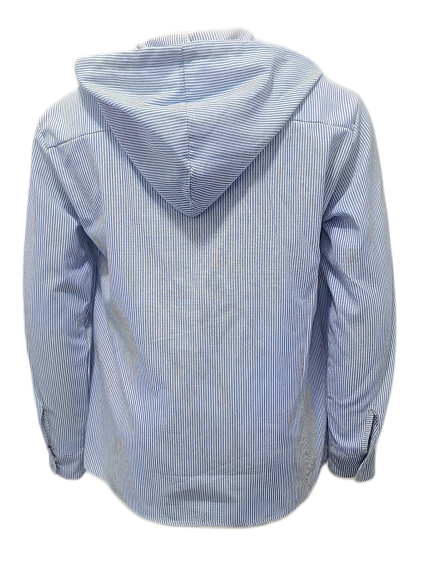 Men's casual striped hooded shirt made of lightweight polyester, featuring long sleeves, button-up design, and drawstring hood perfect for spring and fall.