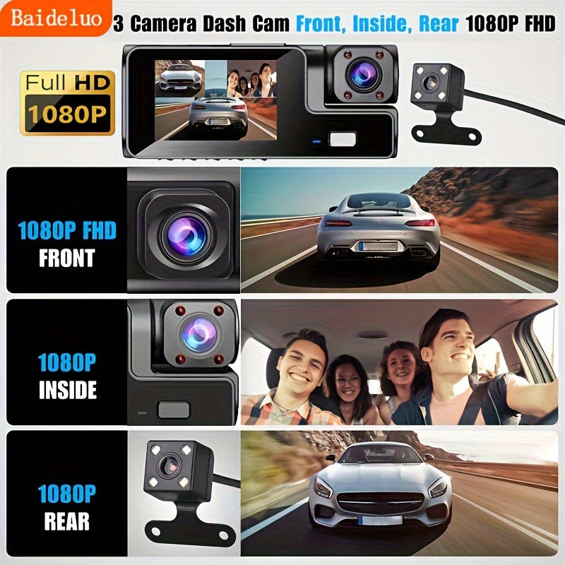 Baideluo three-lens video dashcam records in front and inside the car simultaneously in 1080P HD quality, with night vision and reversing image feature.