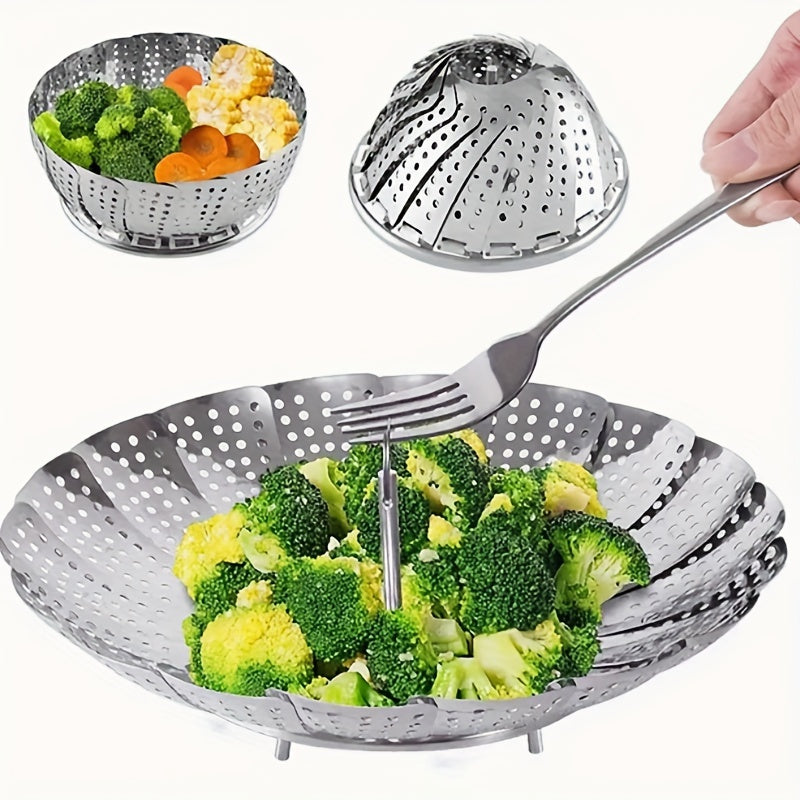 Vegetable steamer basket made of durable stainless steel for healthy cooking - Adjustable, foldable design fits in various pots and pans, perfect for steaming a variety of vegetables.