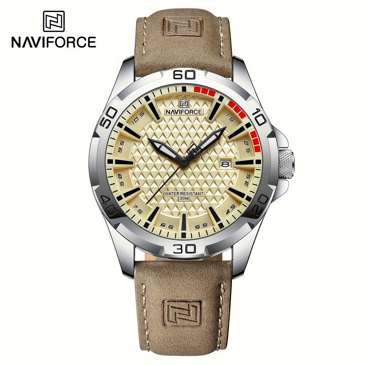 NAVIFORCE Men's Quartz Watch NF8023 features a casual style with a round alloy case and genuine leather strap. The watch also boasts a carbon fiber dial, 3ATM water resistance, and is powered by a battery-powered electronic movement.