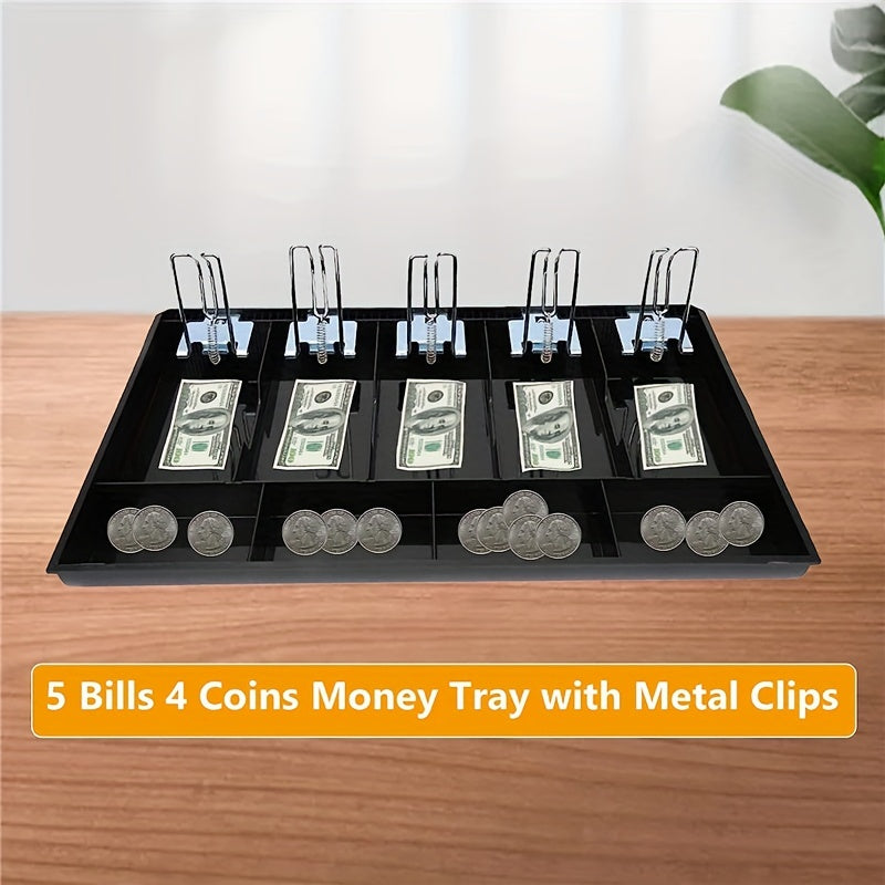 Upgraded metal cash register drawer insert tray with 5 bills/4 coins slots, black.