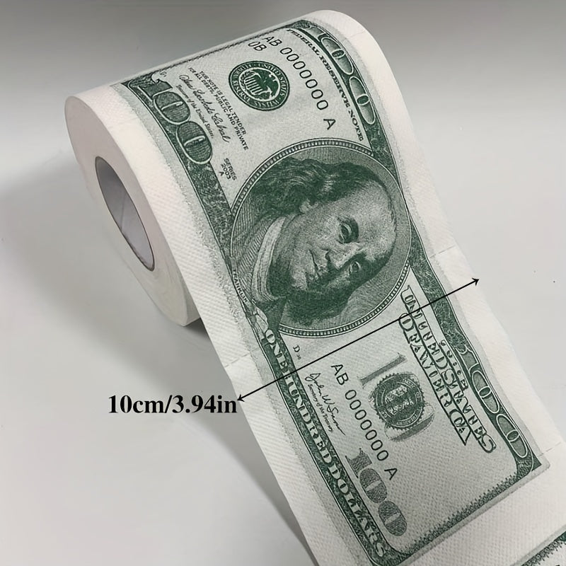 A humorous $100 bill toilet paper roll featuring money pattern design. Made of wood pulp paper tissue, this novel gift is perfect for household cleaning supplies, party supplies, party decor, home decor, or as a unique holiday gift.