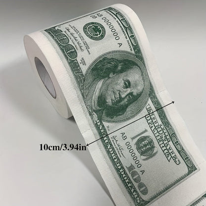 A humorous $100 bill toilet paper roll featuring money pattern design. Made of wood pulp paper tissue, this novel gift is perfect for household cleaning supplies, party supplies, party decor, home decor, or as a unique holiday gift.