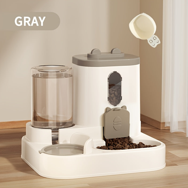 Fully automatic cat food and water dispenser in one, with a cute design.