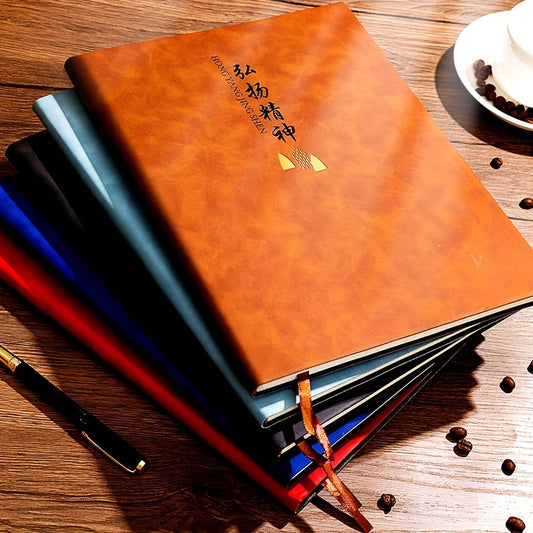 Luxury leather bound A4 notebook with 200 pages, glossy finish, plain ruling, ideal for business office work meetings.