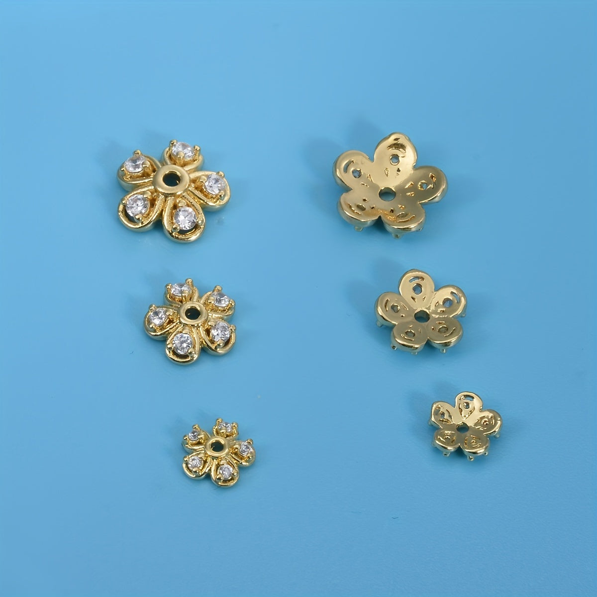 Brass Flower Bead Caps with Synthetic Cubic Zircons - Set of 20 pieces in a bag, including 10mm, 8mm, and 6mm sizes. Perfect for creating stunning jewelry pieces.