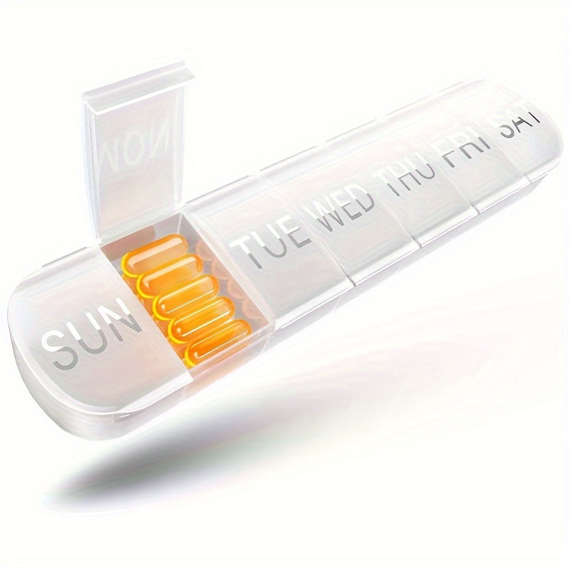 Large weekly pill organizer with 7 compartments for vitamins and fish oil, in a travel-friendly case.