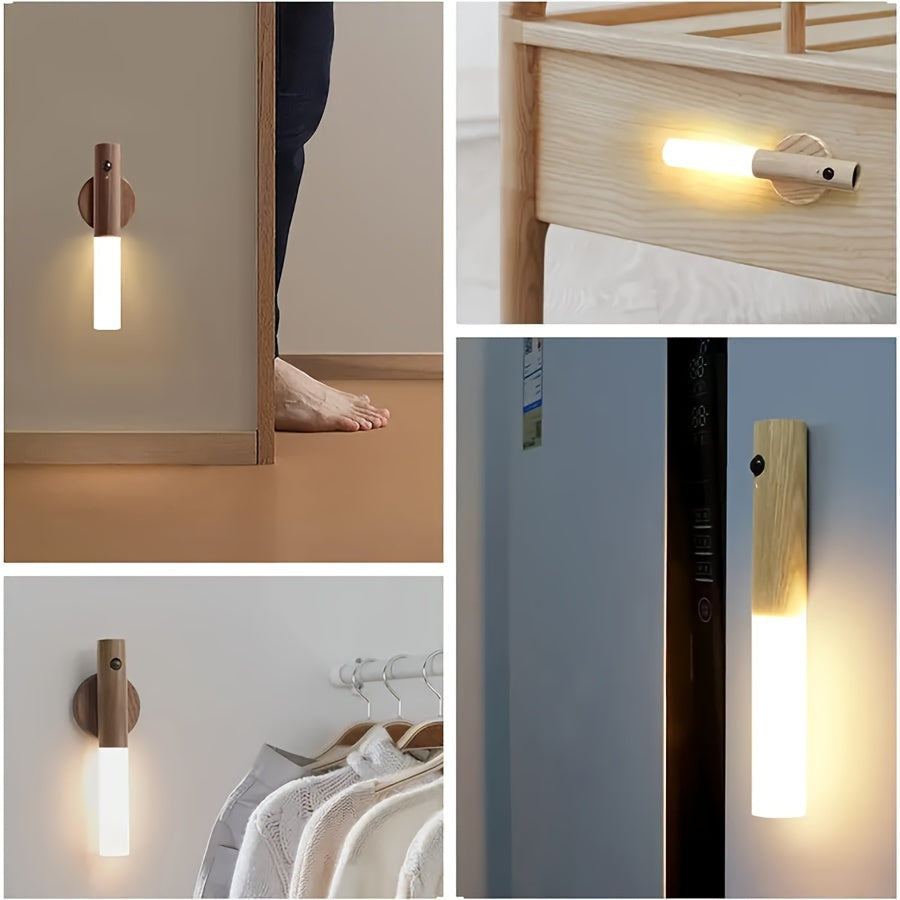 Modern striped design portable LED night light with motion sensor, rechargeable battery, and easy wall mount - perfect for office use.