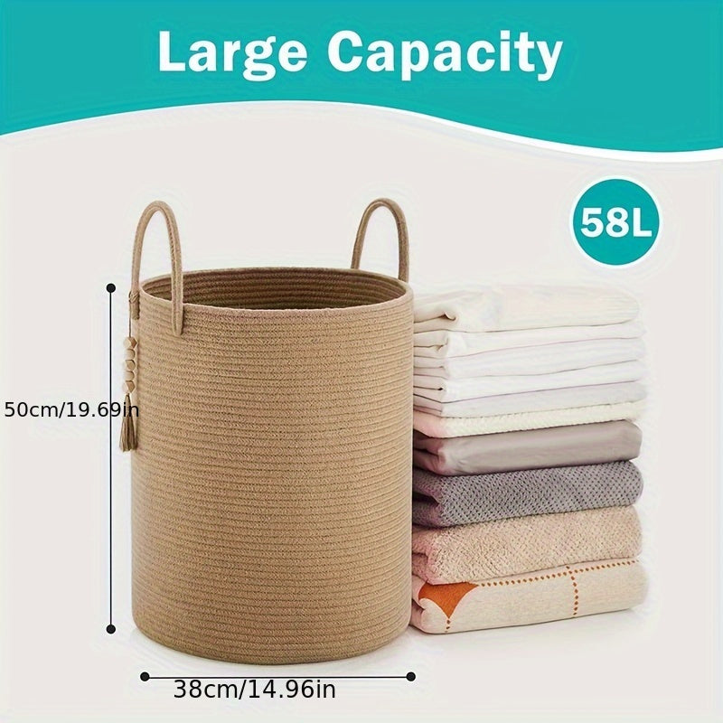 Get organized with our 1pc Jute Rope Woven Hamper, a versatile laundry basket that holds up to 58L. This tall woven collapsible basket is perfect for organizing blankets, clothes, and more in your laundry room. Use it to store supplies in the bathroom