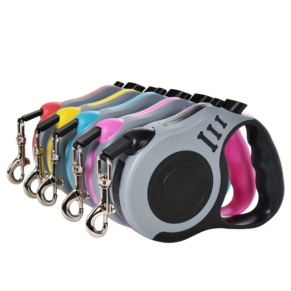 Sturdy dual-switch retractable dog leash offers easy control and comfortable grip.