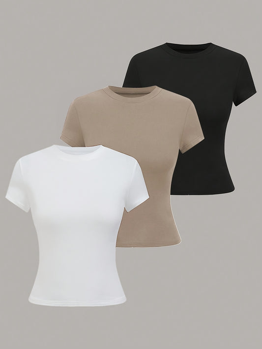 Women's slim fit summer t-shirt, crew neck, solid color, made of 95% polyester and 5% elastane knit fabric, 210g/m², suitable for all seasons - 284g Q204.