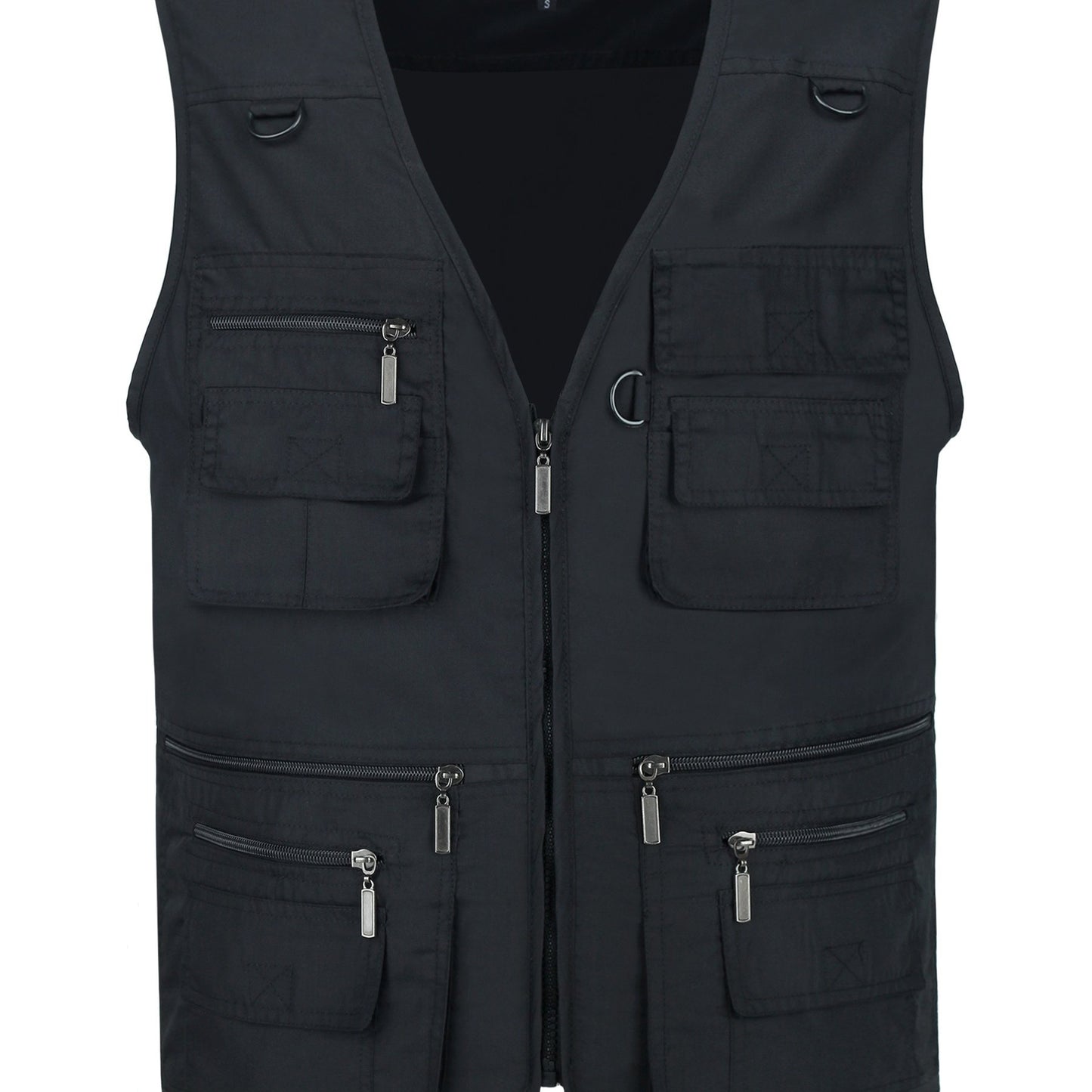 Black polyester blend men's plus size lightweight cargo vest with multiple pockets and zipper for outdoor activities. Perfect for spring/summer, photography, fishing, hunting, and travel.