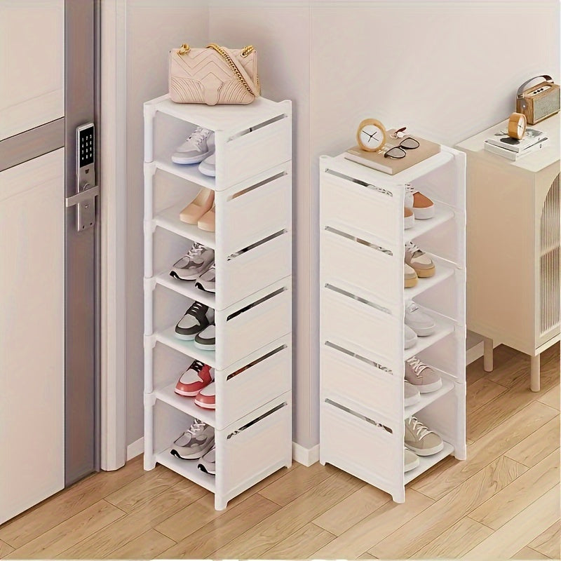 Tall narrow shoe rack designed for front door or closet entrance, made of durable metal with 7 shelves to store 4-7 pairs of shoes or boots. Stackable design saves space.