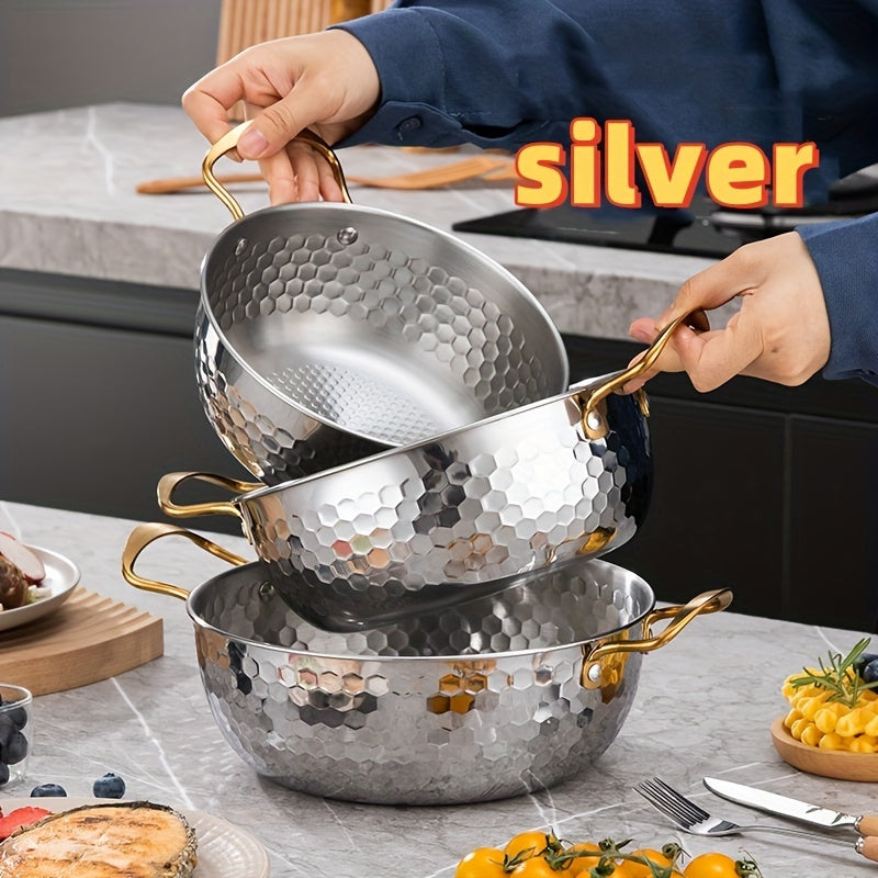 Korean-Style Stainless Steel Hammered Ramen Pot - Ideal for Noodles, Soup, and More - Suitable for Home Kitchens with Lid