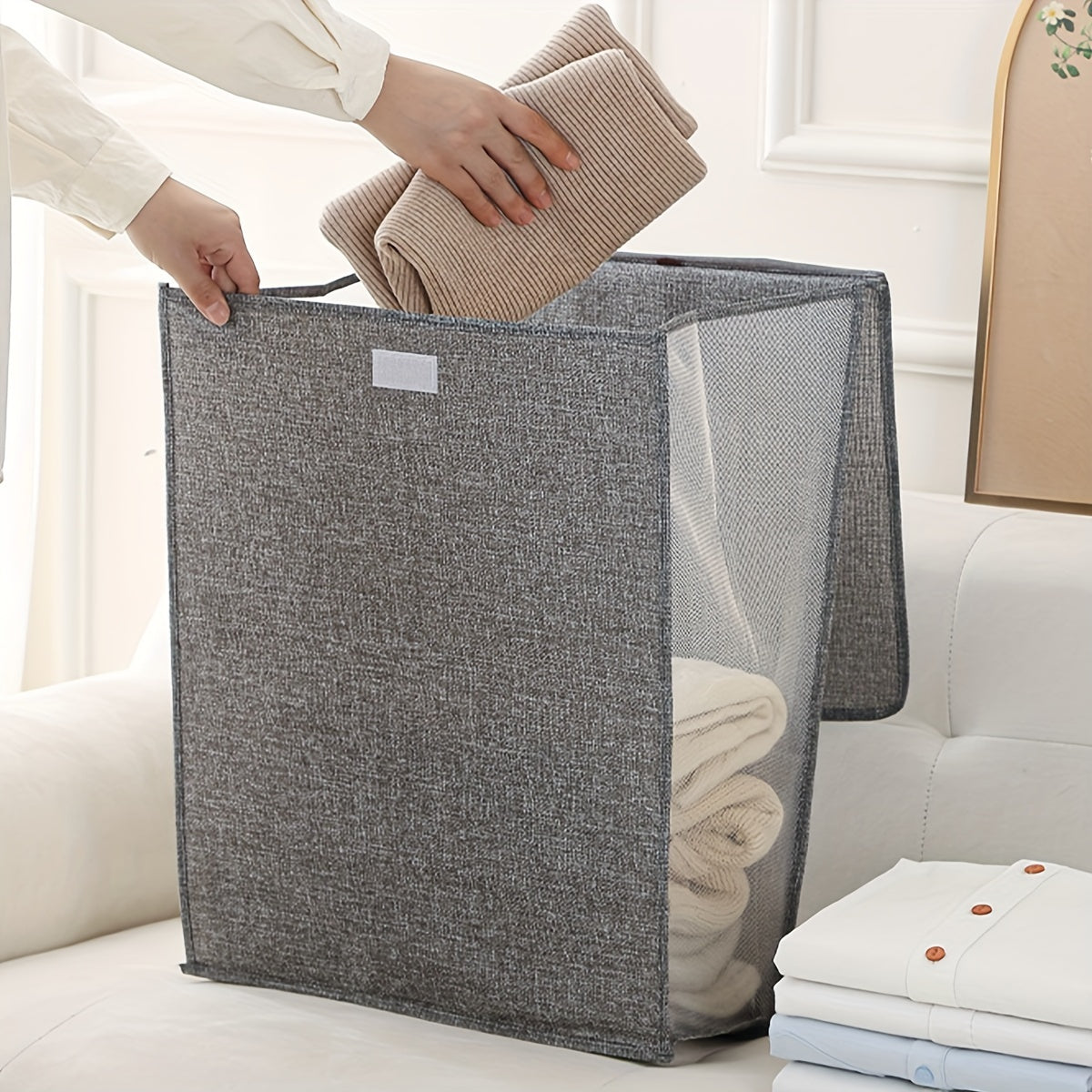 Multifunctional Folding Laundry Basket - Polyester Clothes Storage Hamper that is Wall-Mountable and Washable for Home Organization.