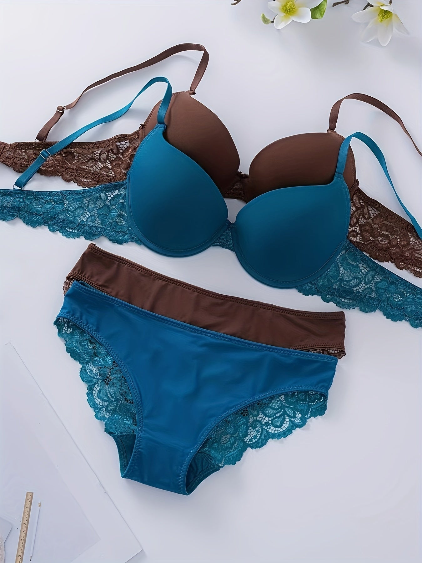 Teal and Brown Lace Lingerie Set - Adjustable Push-Up Bra with High-Support Panties, Non-Padded, Nylon/Elastane Blend