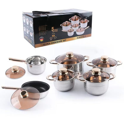 A durable set of 12 stainless steel cookware pieces featuring lids with anti-bronzing handles and visible lids. The 7-layer thickened covers provide durability, while the healthy material ensures safe cooking. This set includes a variety of kitchen pots