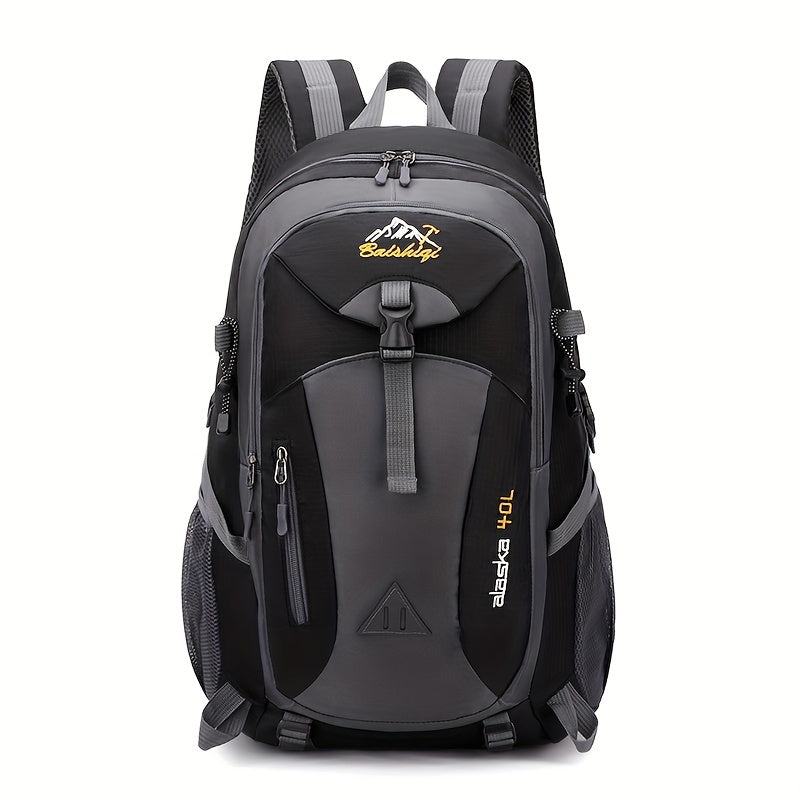 Multifunctional hiking backpack with 40L capacity, Oxford material, lightweight, adjustable shoulder straps, zip closure, polyester lining, embroidered detail, sports style, unisex for