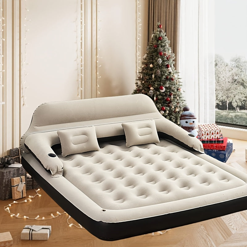 Inflatable air mattress with integrated pump, designed for maximum comfort and convenience. Made of durable plastic, featuring a deep fill design for optimal sleeping support. Includes backrest, headboard, and pillows for added relaxation. Suitable for