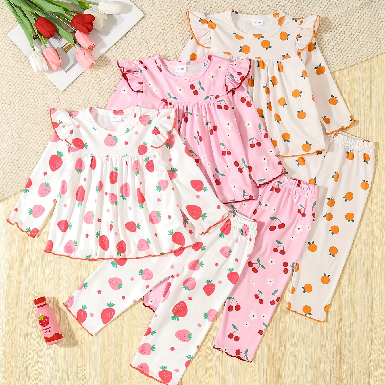 6-piece baby girl set featuring fruit print skirt, contrast casual pants, knitted fabric with cartoon pattern. Regular fit for newborn infants, made of polyester and spandex blend suitable