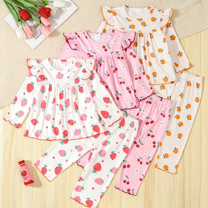 6-piece baby girl set featuring fruit print skirt, contrast casual pants, knitted fabric with cartoon pattern. Regular fit for newborn infants, made of polyester and spandex blend suitable